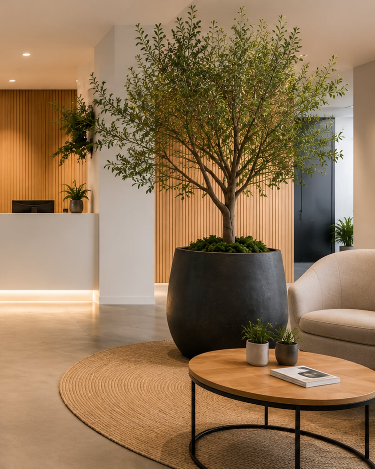 Begrüntes Interior mit hohen Statement-Pflanzen und architektonischem Pflanzgefäss